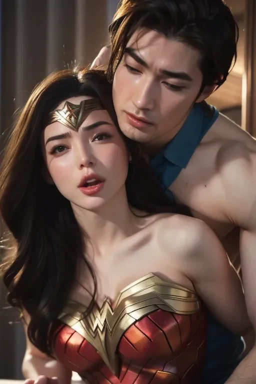 私はWonder Womanです、完璧なWonder Womanの衣装,Kneel,押しDefeated,Defeated,A man mounts me,Face grabbed、Hug from the front,Hugged,Being stran...