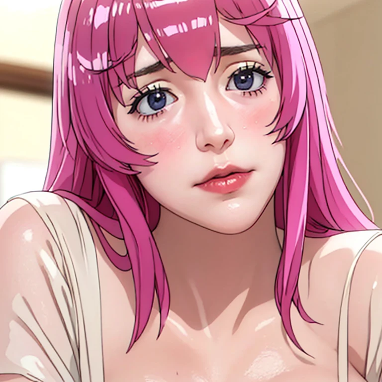 Ultra realistic, open shot, best quality, dream aesthetic (a little blurry in cinematic vibrant light), ultra-detailed, fine details, high resolution (image taken by analog camera), Perfect dynamic composition, illuminated pale skin, perfect shading, beautiful (realistic) detailed clear eyes, black lingerie, pantyhose, pale-pink hair, long messy (silky) hair (pale pink), natural big breasts, Natural Color Lip (not smiling), face with shy and embarrassed expression, Random and sensual poses, bedroom (background unfocused)、20 year old、dream atmosphere 
