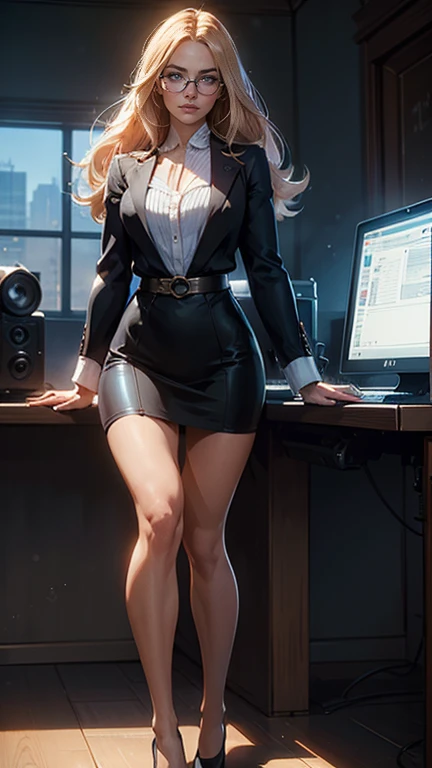 {Margot Robbie, (with big glasses, Headphone Headphone playing on the gamer Computer)}, shows all the body, smooth and soft skin, big and dreamy eyes, beautiful intricate, symmetrical hair, wide anime eyes, soft lighting, face detailed, by makoto shinkai, stanley artgerm lau, wlop, rossdraws,, concept art, digital painting, looking at a computer screen, full body.