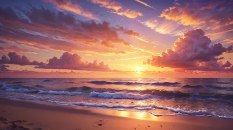 ((Beautiful big sunset)),(Beautiful sunset sky:1.2),(cloud:0.8),Sandy Beach,Gentle waves,Relaxing environment, 4K HD,, Beautiful...