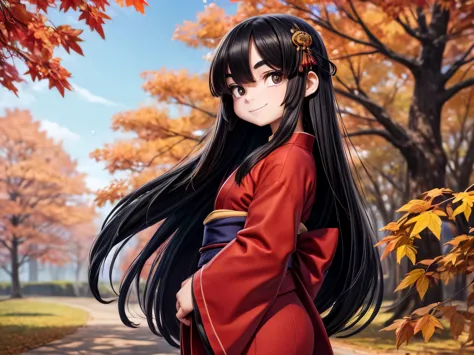 blue sky,autumn leaves,straight hair,long hair,black hair,dark eyes,slanted eyes,18 years old,boyish,thick eyebrows.japanese,smi...