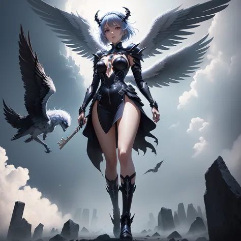 cartoon character with wings flying over woman in black dress, cool anime 8k, devil anime girl, anime epic artwork, best anime 4...