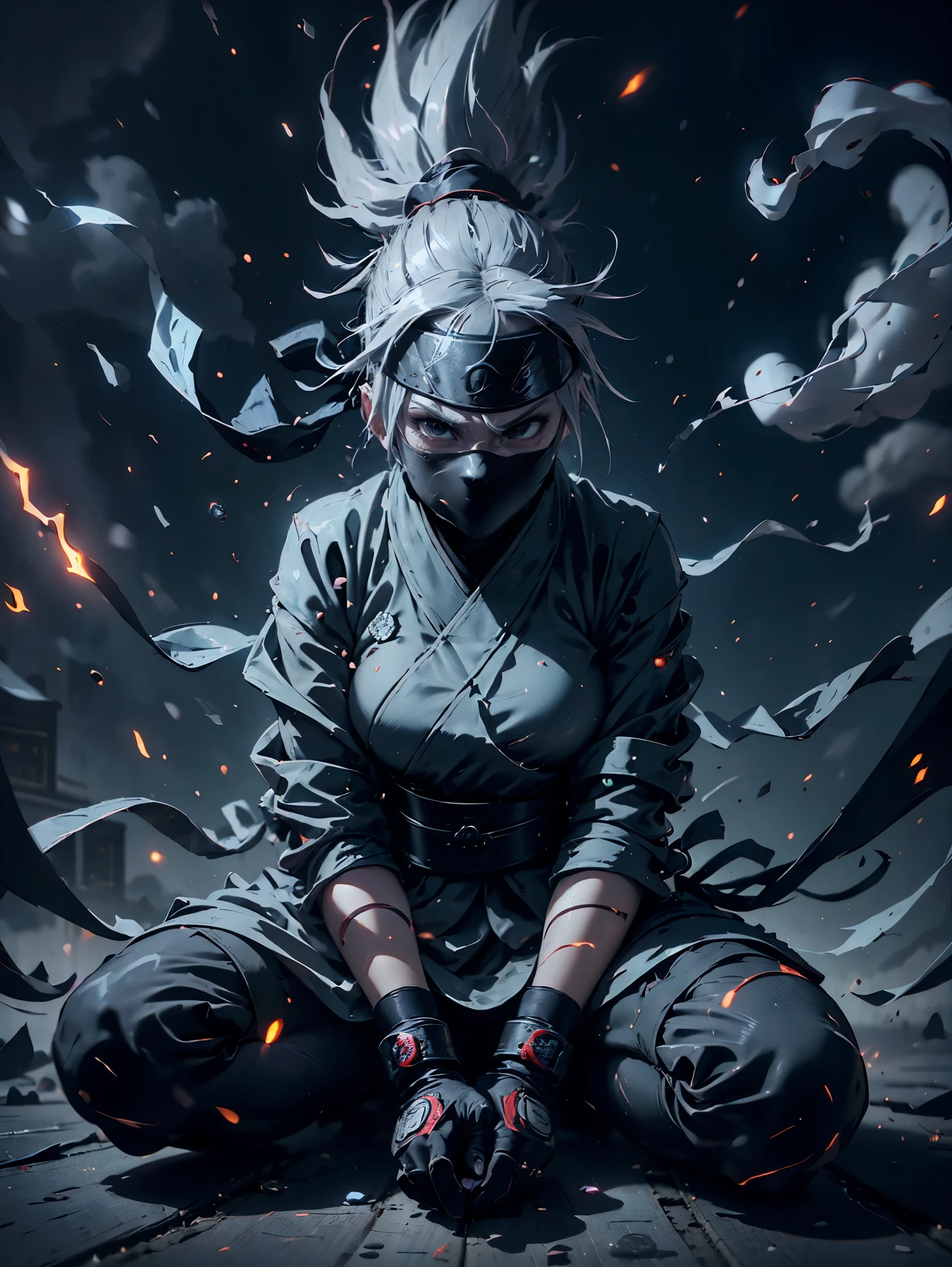 One Girl, Silver-haired kunoichi, (highest quality,16K,High resolution),Sit on the ground in street style, Red ninja gloves, Gray Hair, ninja headband, Mask covering the mouth, Graffiti Background, Vibrant colors, urban art style, Edgy lighting,((Ghostly Ninja)), lightning, Holding a fierce thunder light