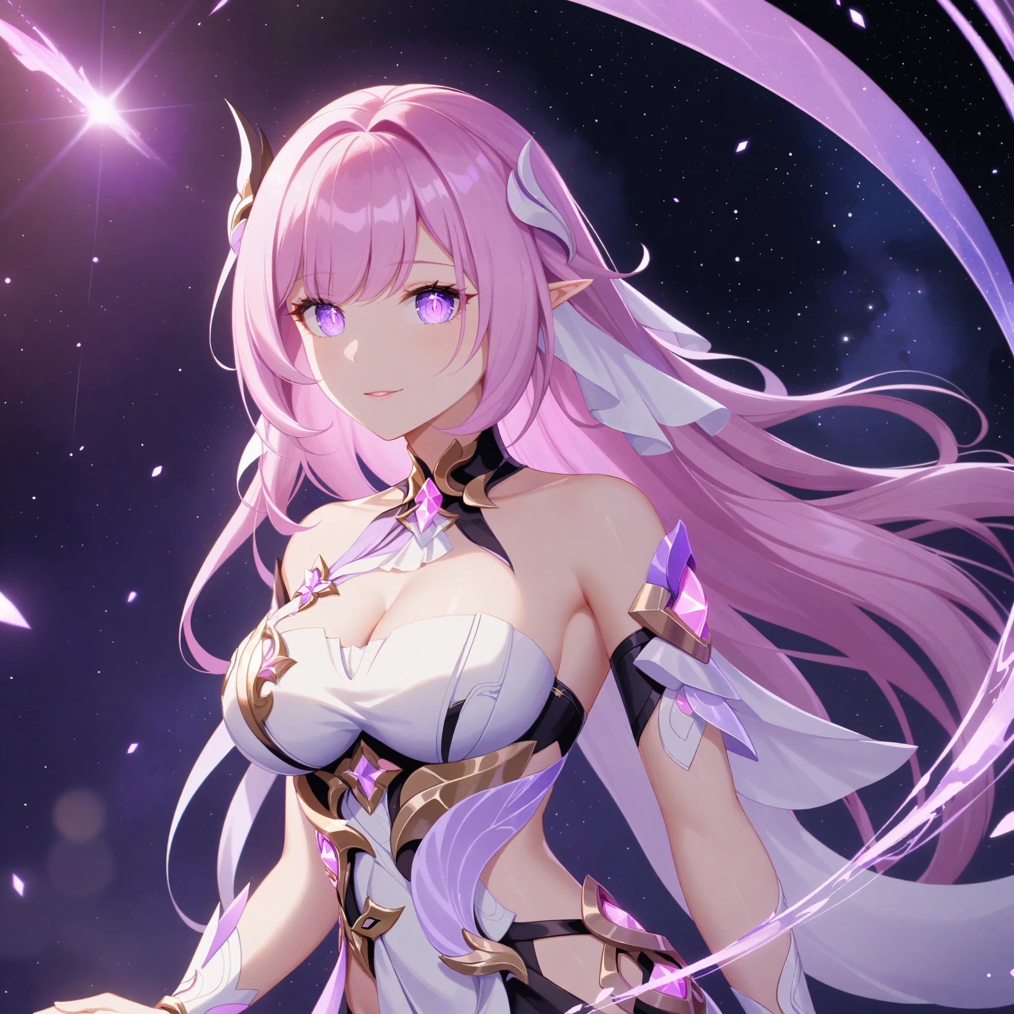 very aesthetic,1girl,elysia_/(herrscher_of_human:ego/)_/(honkai_impact/),pointed_ears,vivid pink_hair,dreamy anime fantasy background,raytracing,light purple eyes,criin,mihoyo,kagaya studio,floating,light particles,dsmile,starry sky,celestial,intricate,large breasts, glossy lips, long eyelashes,goddess,silk chiffon,cosmic,hires,pink slit pupils,watercolor,masterpiece,best quality