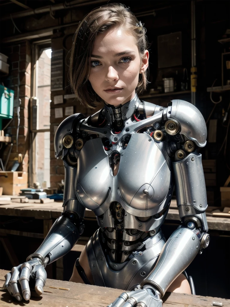 Cyborg, mechanical body, mechanical arms and legs, old armor, sitting on a workbench in an old workshop, cyberpunk, eye contact, looking at viewer, masterpiece, best quality, perfect detail, perfect face detail, perfect eye detail, perfect skin detail, depth  sharpness, perfect lighting