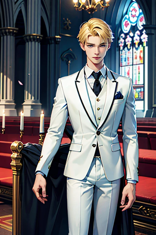 A 20-year-old man 6'2 tall standing with a wedding suit , blonde hair, two block hair cut, blue eyes, korean, smirking, church background , DSRL, facing the viewer of the photo, eyes staring into the lens, man centered in photo, 8k, best quality, masterpiece, realistic, realistic photo, cinema photo, ultra realistic, 1 person, detailed, Dark Dark Lighting