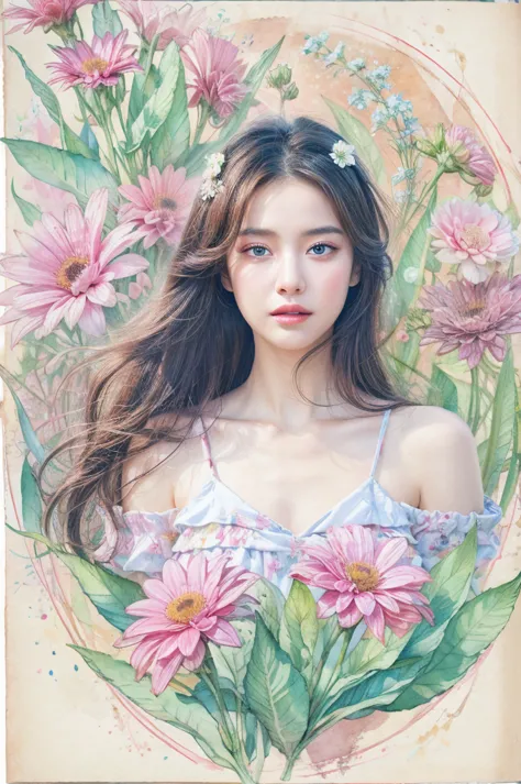 A painting of a woman with flowers in her hair and a dress, inspired by Yanjun Cheng, watercolor illustration style, in the art ...