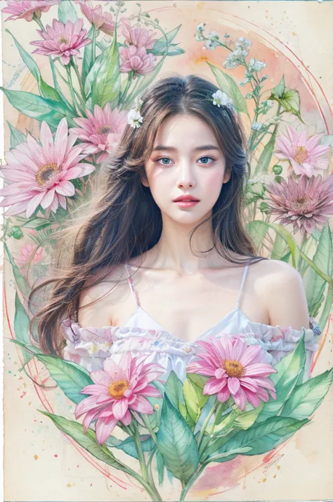 a painting of a woman with flowers in her hair and a dress, inspired by yanjun cheng, watercolor illustration style, in the art ...