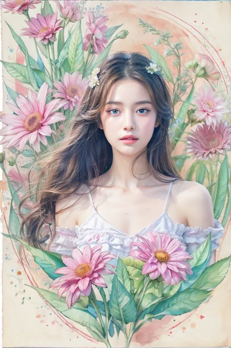 A painting of a woman with flowers in her hair and a dress, inspired by Yanjun Cheng, watercolor illustration style, in the art ...