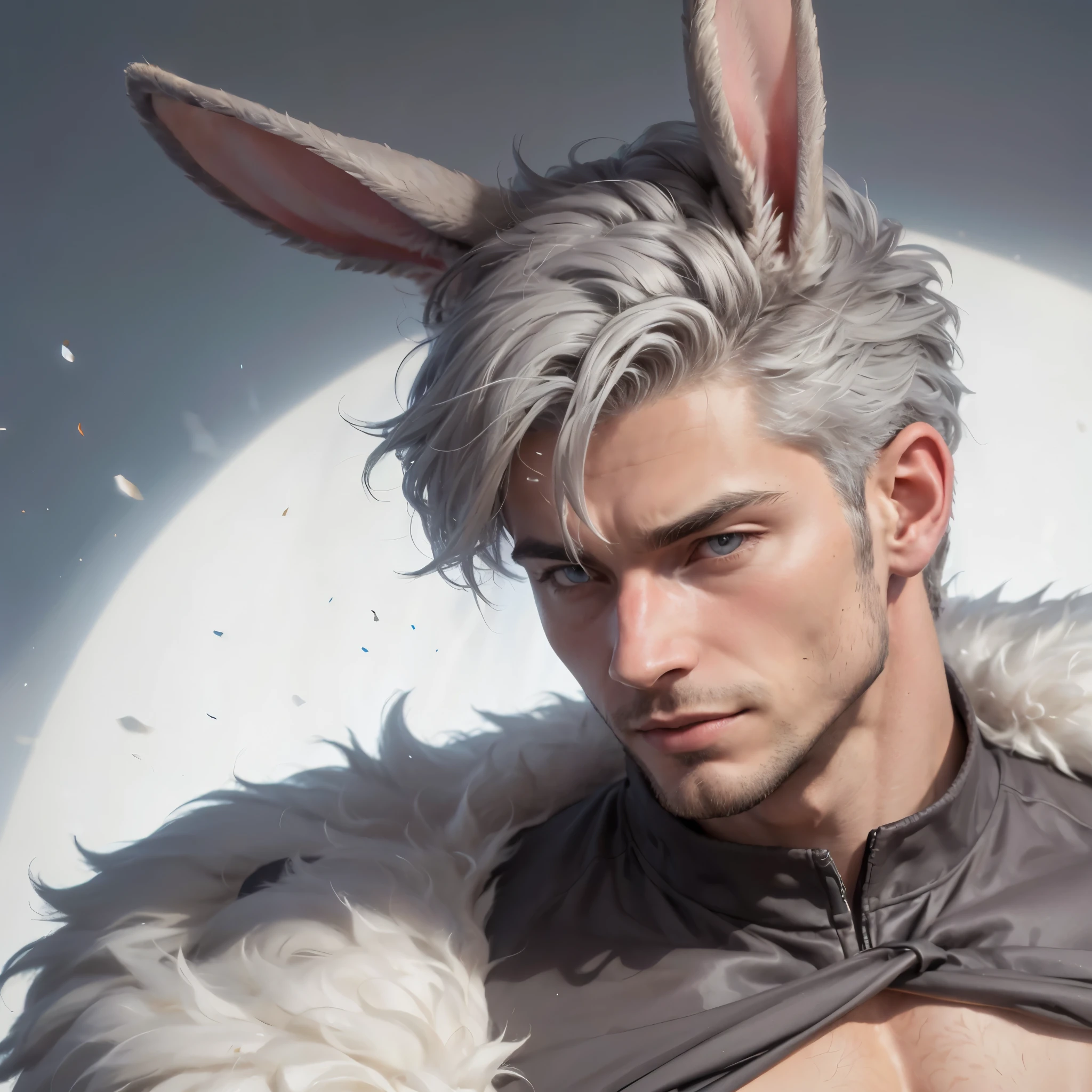 1 homme,beaux hommes,oreille de lapin,Musclé,cheveux gris,manteau de fourrure