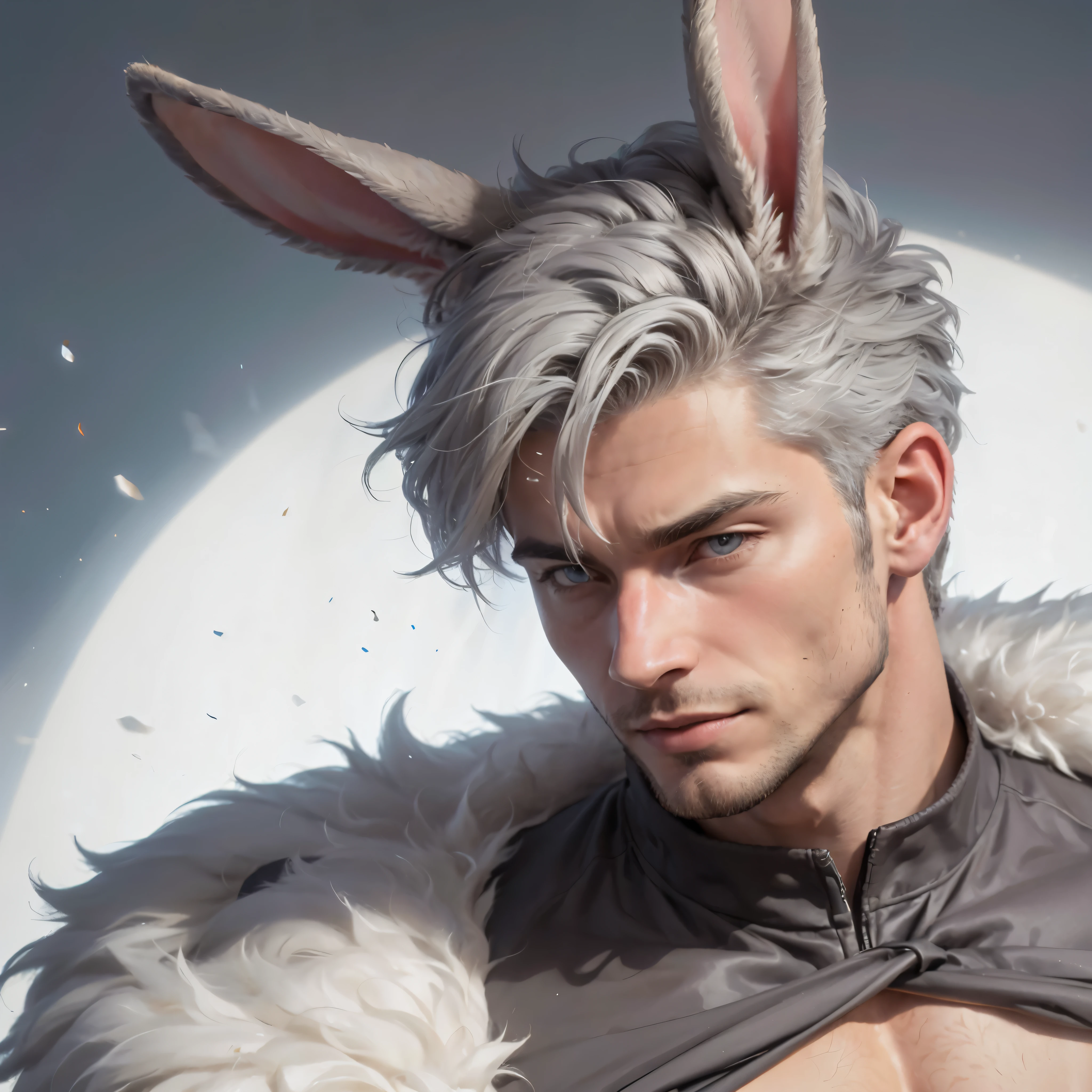 1man,handsome men,rabbit ear,muscular,gray hair,fur coat