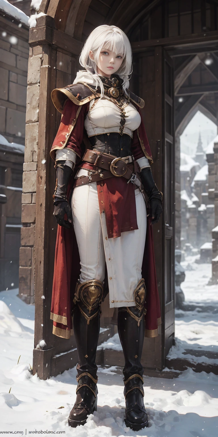 full body standing straight symmetrical, FEMALE warrior princess, big belt around waist, hair, very white skin like snow, wearing full HERBALIST CLOTHES, brown leather boots, HERBALIST outfit, MILF bimbo