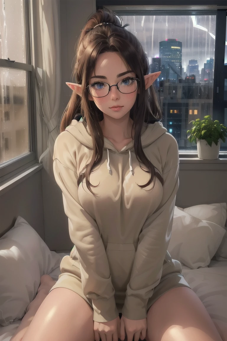 (elf girl), master piece, blushing, freckles, wide hips, slim waist, thick thighs, masterpiece, best quality, sfw, mature 36 year old woman, brown hair, moist face,  wavy hair, mouth open, shiny. lips, beutiful round eyes, oversized hoodie, (thick thighs), thick hoodie, inside city apartment, raining outside, rainy day, navy rain, inside, standing nest to bed next to window, nightime, raindrops on window, dark out, mood light, soft lap light, cozy mood, Lofi astetic, the scene emulates an immense feeling of comfort and safety, modern cityscapes, skyscraper nightlights visable through window, midnight, completely dark out, orange lighting, orange moodnlight, Beautiful eyes, the most beautiful eyes youve ever seen, shiny thighs, hands in lap,  pointy ears, dark room, extremely dark bedroom, oversized hoodie, Extremely oversized hoodie, bare legs, ponytail,feet on bed, knees close to face, knees up, hugging knees, (thick framed clear glasses:1.2), frosted windows