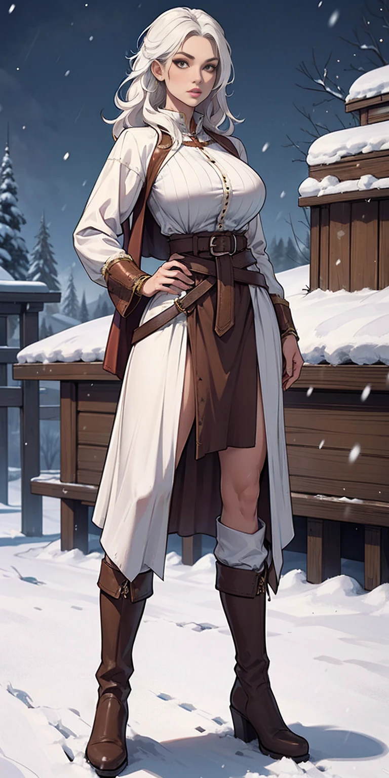 full body standing straight symmetrical, FEMALE warrior princess, big belt around waist, hair, very white skin like snow, wearing full HERBALIST CLOTHES, brown leather boots, HERBALIST outfit, MILF bimbo