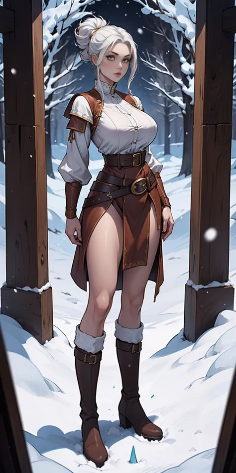 full body standing straight symmetrical, female warrior princess, big belt around waist, hair, very white skin like snow, wearin...