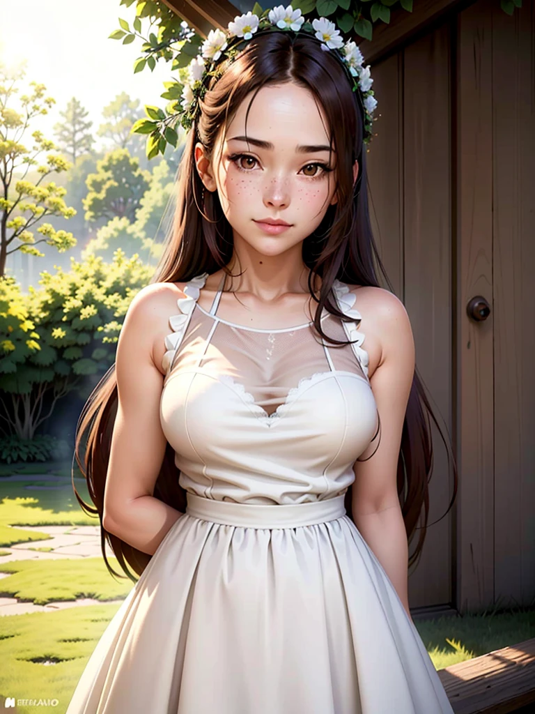 (best quality,ultra-detailed,realistic:1.37),raw photo,girl,potrait,human face,freckled face,beautiful long hair,brown eyes,soft smile,white dress,flower crown,sunlit garden,green grass,tall trees,subtle shadows,lens flare,vivid colors,warm tone,artistic flair