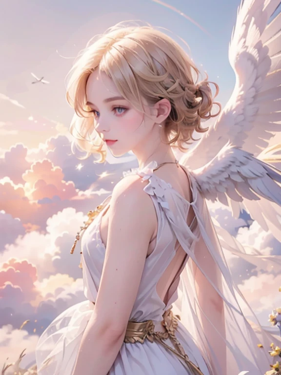 masterpiece, highest quality, Very detailed, 16k, Ultra-high resolution, Cowboy Shot, One 14-year-old girl, Detailed face, Perfect Fingers, Angel halo on head, Golden Eyes, Blonde, short hair, Thin and light clothing, Angel wings growing on the back, Above the Clouds, temple, Fantastic landscape, Flying on angel wings