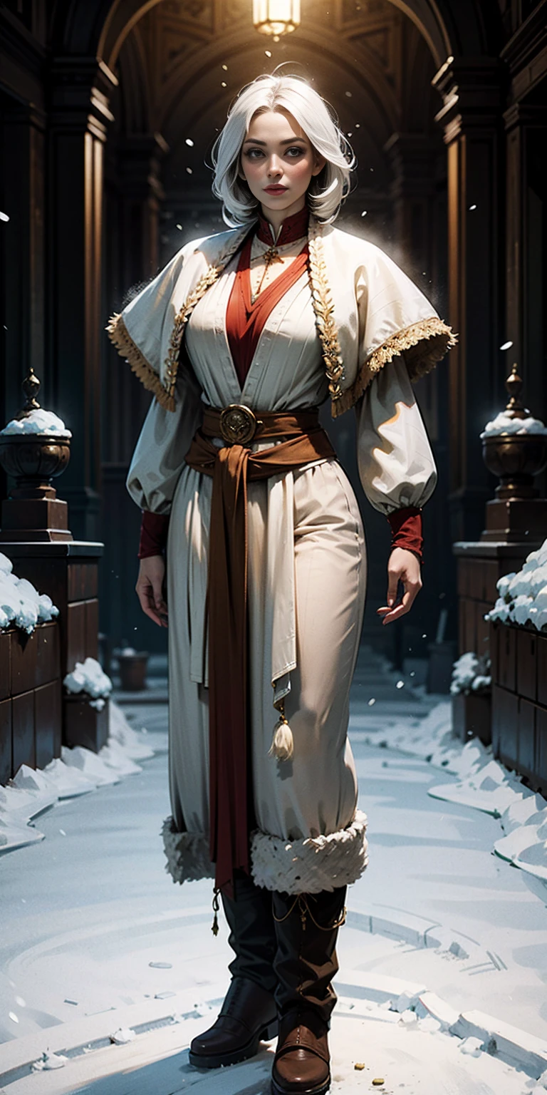 full body standing straight symmetrical, FEMALE warrior princess, big belt around waist, hair, very white skin like snow, wearing full HERBALIST CLOTHES, brown leather boots, HERBALIST outfit, MILF bimbo