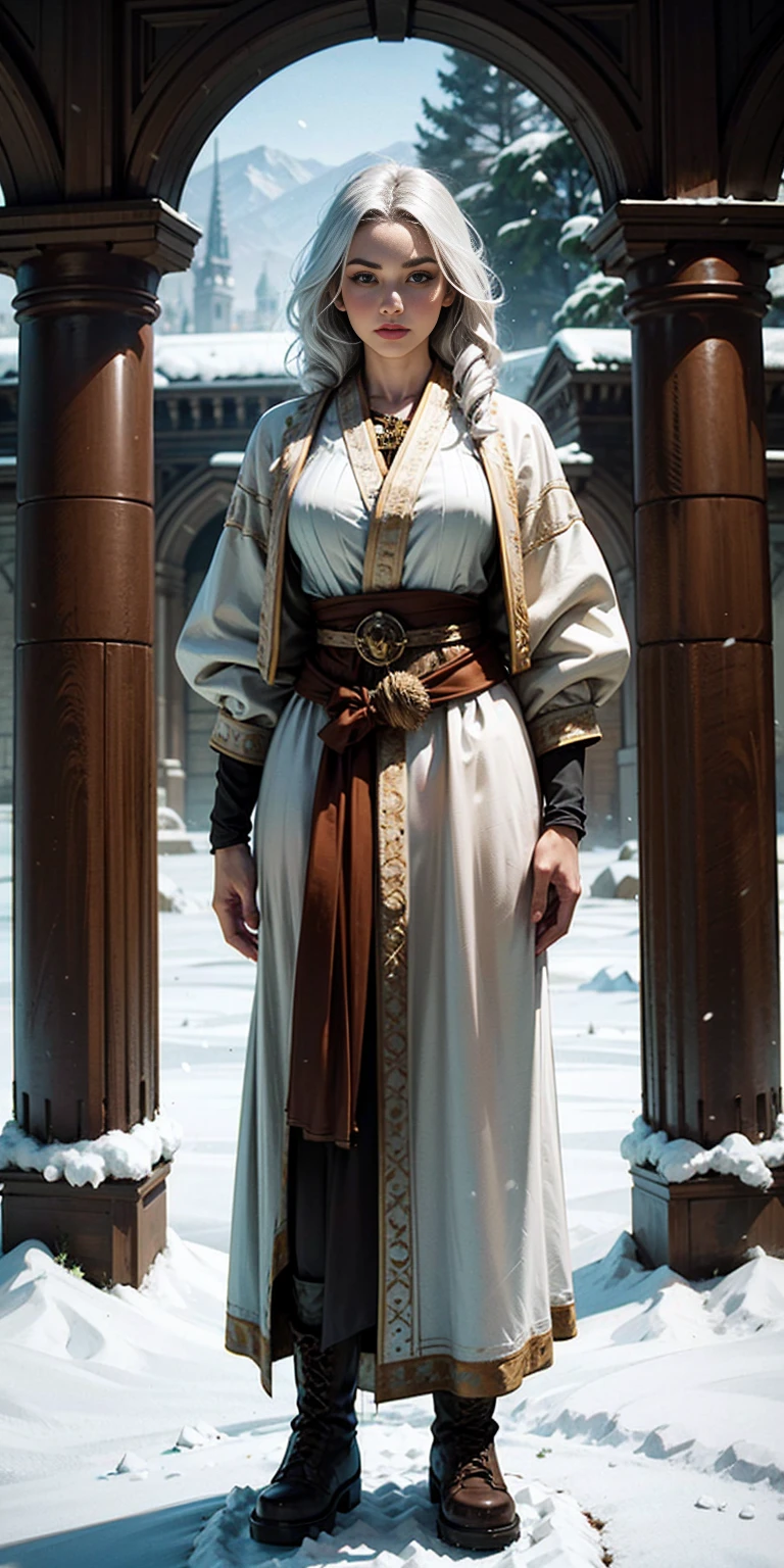 full body standing straight symmetrical, FEMALE warrior princess, big belt around waist, hair, very white skin like snow, wearing full HERBALIST CLOTHES, brown leather boots, HERBALIST outfit, MILF bimbo