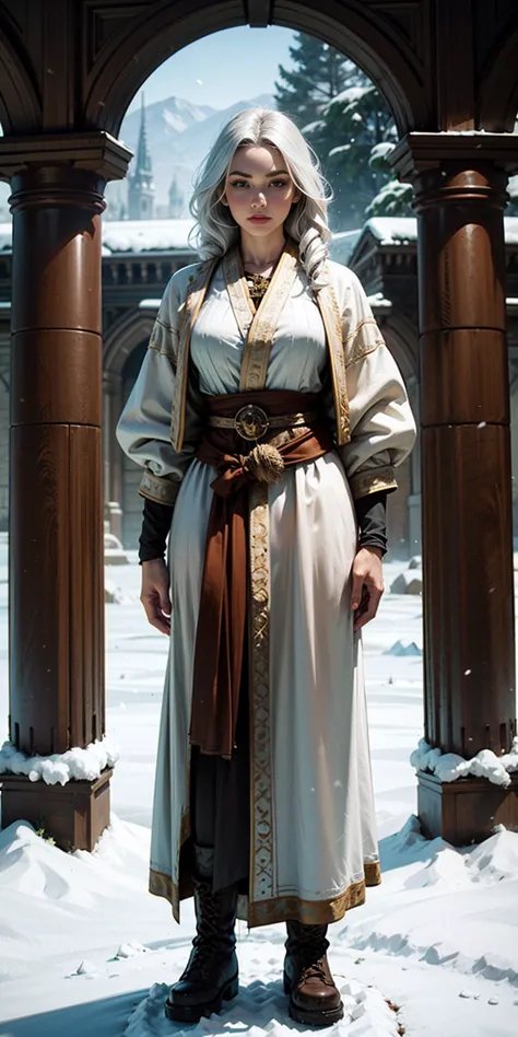 full body standing straight symmetrical, female warrior princess, big belt around waist, hair, very white skin like snow, wearin...