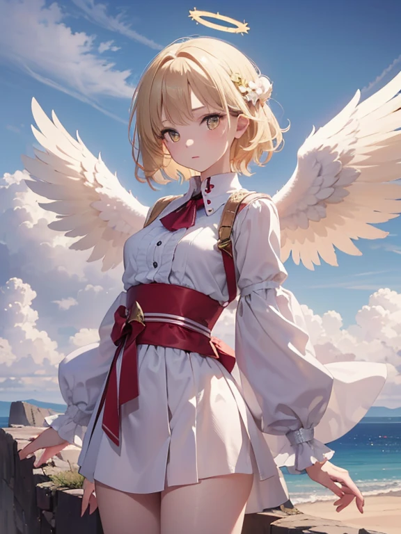 masterpiece, highest quality, Very detailed, 16k, Ultra-high resolution, Cowboy Shot, One 12-year-old girl, Detailed face, Perfect Fingers, Angel halo on head, Golden Eyes, Blonde, short hair, Thin and light clothing, Angel wings growing on the back, Above the Clouds, temple, Fantastic landscape, Flying on angel wings