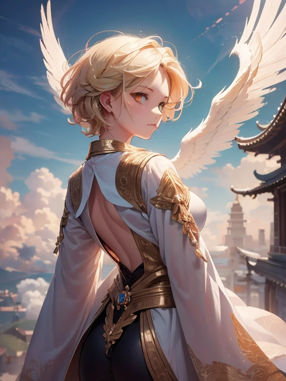 masterpiece, highest quality, Very detailed, 16k, Ultra-high resolution, Cowboy Shot, One 12-year-old girl, Detailed face, Perfect Fingers, Angel halo on head, Golden Eyes, Blonde, short hair, Thin and light clothing, Angel wings growing on the back, Above the Clouds, temple, Fantastic landscape, Flying on angel wings
