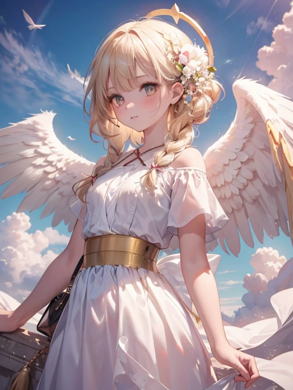 傑作, 最高品質, 非常に詳細, 16K, 超高解像度, カウボーイショット, 12歳の女の子, 詳細な顔, 完璧な指, 天使は頭に天使の光輪, 金色の目, ブロンド, 編み込み, 薄くて軽い服, 背中に生えた天使の羽, 雲の上, 寺, 素晴らしい風景, 天使の羽で飛ぶ