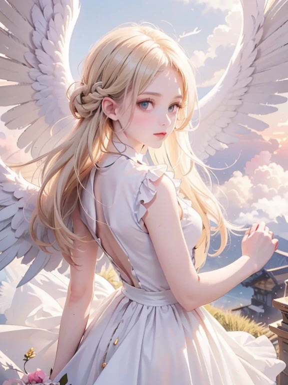 傑作, 最高品質, 非常に詳細, 16K, 超高解像度, カウボーイショット, 12歳の女の子, 詳細な顔, 完璧な指, 天使は頭に天使の光輪, 金色の目, ブロンド, 編み込み, 薄くて軽い服, 背中に生えた天使の羽, 雲の上, 寺, 素晴らしい風景, 天使の羽で飛ぶ