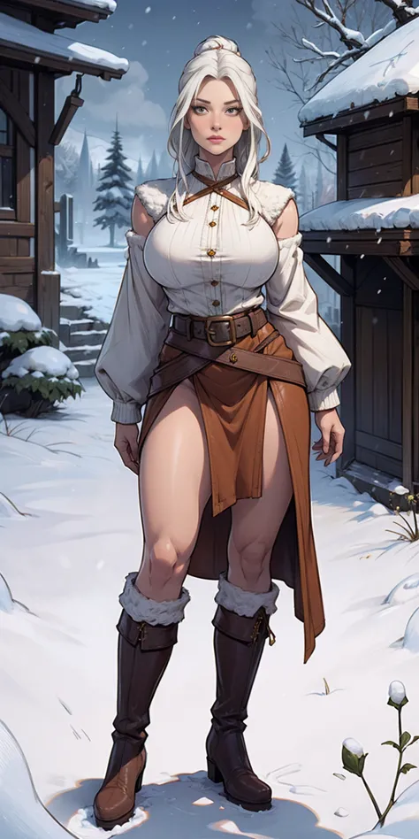 full body standing straight symmetrical, female warrior princess, big belt around waist, hair, very white skin like snow, wearin...