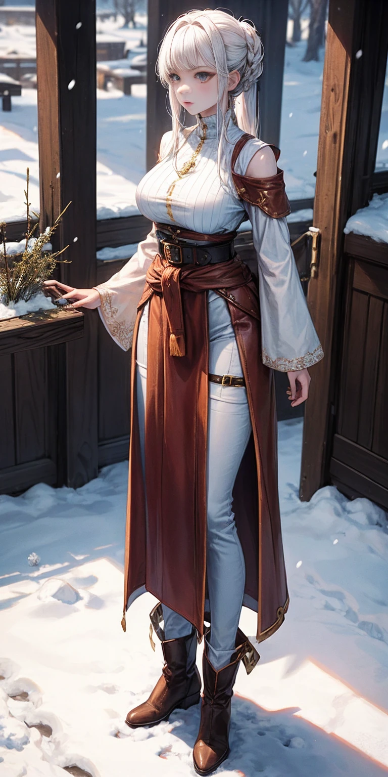 full body standing straight symmetrical, FEMALE warrior princess, big belt around waist, hair, very white skin like snow, wearing full HERBALIST CLOTHES, brown leather boots, HERBALIST outfit, MILF bimbo