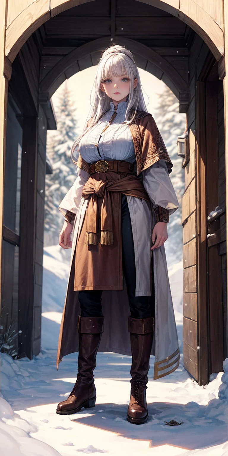 full body standing straight symmetrical, FEMALE warrior princess, big belt around waist, hair, very white skin like snow, wearing full HERBALIST CLOTHES, brown leather boots, HERBALIST outfit, MILF bimbo