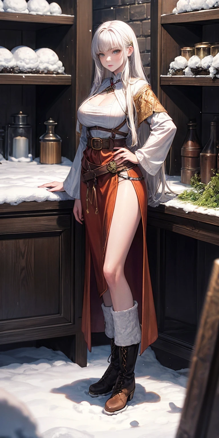 full body standing straight symmetrical, FEMALE warrior princess, big belt around waist, hair, very white skin like snow, wearing full HERBALIST CLOTHES, brown leather boots, HERBALIST outfit, MILF bimbo