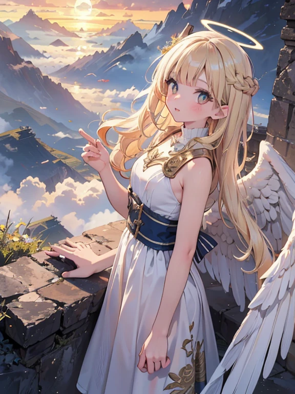 masterpiece, highest quality, Very detailed, 16k, Ultra-high resolution, Cowboy Shot, One 12-year-old girl, Detailed face, Perfect Fingers, Angel halo on head, Golden Eyes, Blonde, Braid, Thin and light clothing, Angel wings growing on the back, Above the Clouds, temple, Fantastic landscape, Flying on angel wings