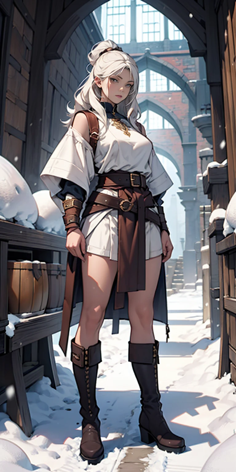 full body standing straight symmetrical, FEMALE warrior princess, big belt around waist, hair, very white skin like snow, wearing full HERBALIST CLOTHES, brown leather boots, HERBALIST outfit, MILF bimbo