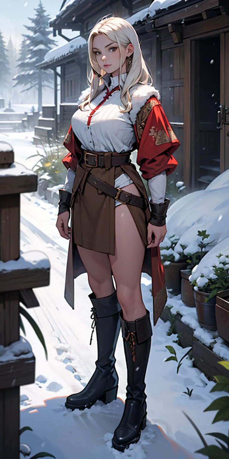 full body standing straight symmetrical, FEMALE warrior princess, big belt around waist, hair, very white skin like snow, wearing full HERBALIST CLOTHES, brown leather boots, HERBALIST outfit, MILF bimbo