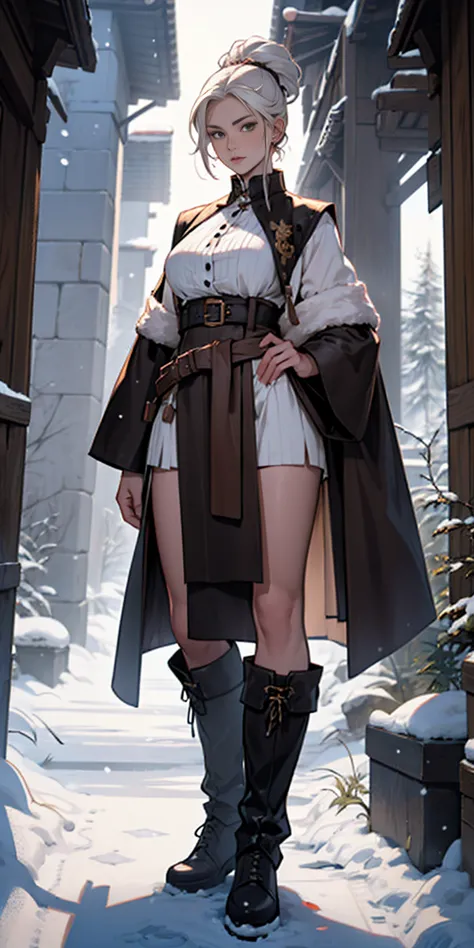 full body standing straight symmetrical, female warrior princess, big belt around waist, hair, very white skin like snow, wearin...