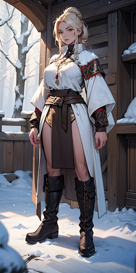 full body standing straight symmetrical, female warrior princess, big belt around waist, hair, very white skin like snow, wearin...