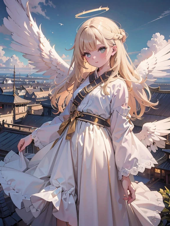 masterpiece, highest quality, Very detailed, 16k, Ultra-high resolution, Cowboy Shot, One 12-year-old girl, Detailed face, Perfect Fingers, Angel halo on head, Golden Eyes, Blonde, Braid, Thin and light clothing, Angel wings growing on the back, Above the Clouds, temple, Fantastic landscape, Flying on angel wings