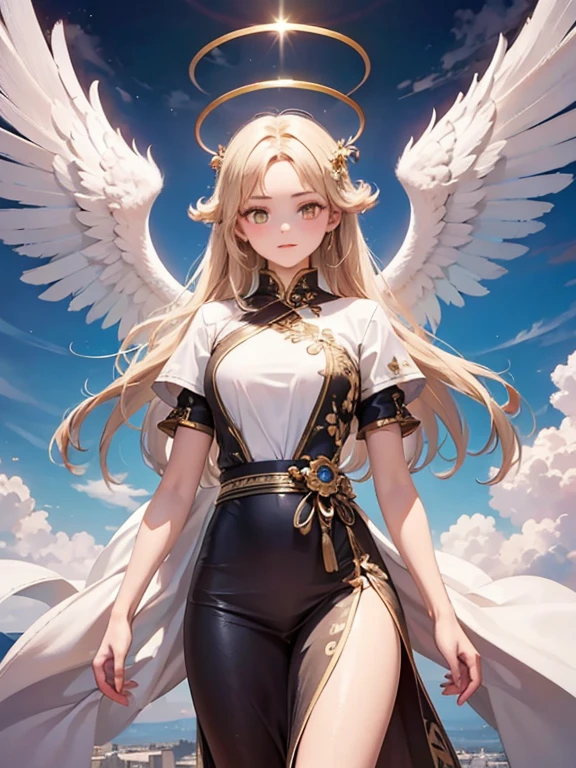 masterpiece, highest quality, Very detailed, 16k, Ultra-high resolution, Cowboy Shot, One 12-year-old girl, Detailed face, Perfect Fingers, Angel halo on head, Golden Eyes, Blonde, Braid, Thin and light clothing, Angel wings growing on the back, Above the Clouds, temple, Fantastic landscape, Flying on angel wings