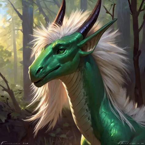 detailed painting, by taran fiddler, solo, dragon, full body, feral, forest, dragoness, gentle, shimmering green scales, slender...