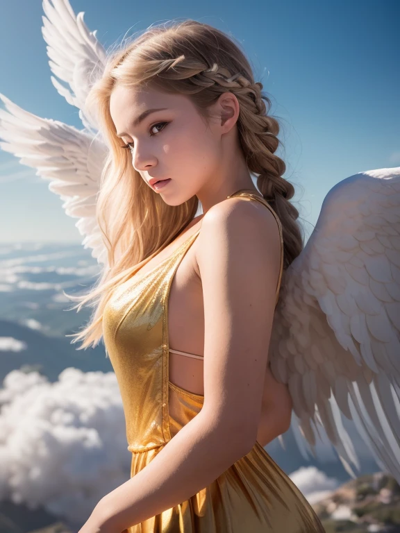 杰作, 最好的质量, 非常详细, 16千, 超高分辨率, 牛仔射击, 一名 12 岁女孩, 细致的脸部, 完美的手指, 头上有天使光环, 金色的眼睛, 金发女郎, 编织, 轻薄衣物, 背上长出天使的翅膀, 在云层之上, 寺庙, 奇妙的风景, 乘着天使的翅膀飞翔