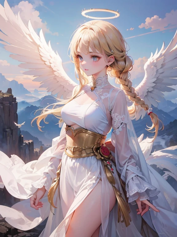 masterpiece, highest quality, Very detailed, 16k, Ultra-high resolution, Cowboy Shot, One 12-year-old girl, Detailed face, Perfect Fingers, Angel halo on head, Golden Eyes, Blonde, Braid, Thin and light clothing, Angel wings growing on the back, Above the Clouds, temple, Fantastic landscape, Flying on angel wings