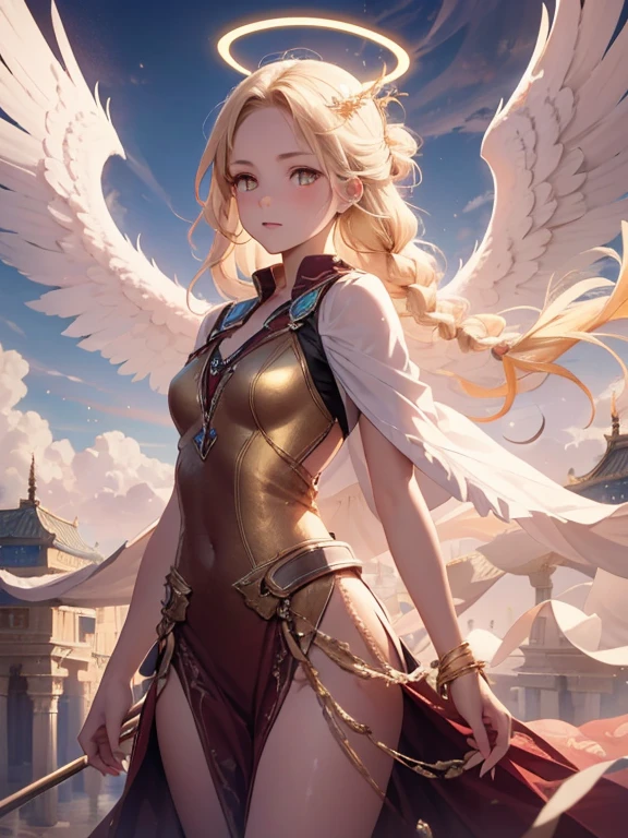 masterpiece, highest quality, Very detailed, 16k, Ultra-high resolution, Cowboy Shot, One 12-year-old girl, Detailed face, Perfect Fingers, Angel halo on head, Golden Eyes, Blonde, Braid, Thin and light clothing, Angel wings growing on the back, Above the Clouds, temple, Fantastic landscape, Floating