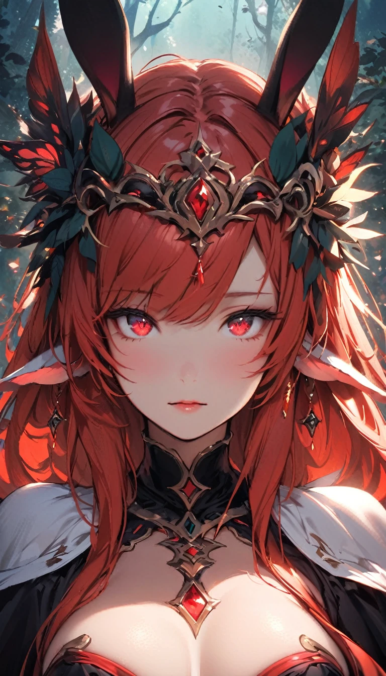 (masterpiece), (best quality:1.4), (perfect anatomy:1.4), high quality, expressive eyes, portrait, detailed face, beautiful face, perfect face, {1 girl}, Rhode appears as a delicate and ethereal creature, her skin luminous with a faint glow reminiscent of moonlight. Her hair is a vibrant shade of red, cascading in loose waves around her shoulders. Her eyes, hazel and glowing softly, seem to hold the wisdom of the ages. The most striking feature of her small fairy form is the pair of rabbit ears that adorn her head, resembling those of a mountain hare. These ears twitch and swivel, attuned to the slightest sounds of the forest.