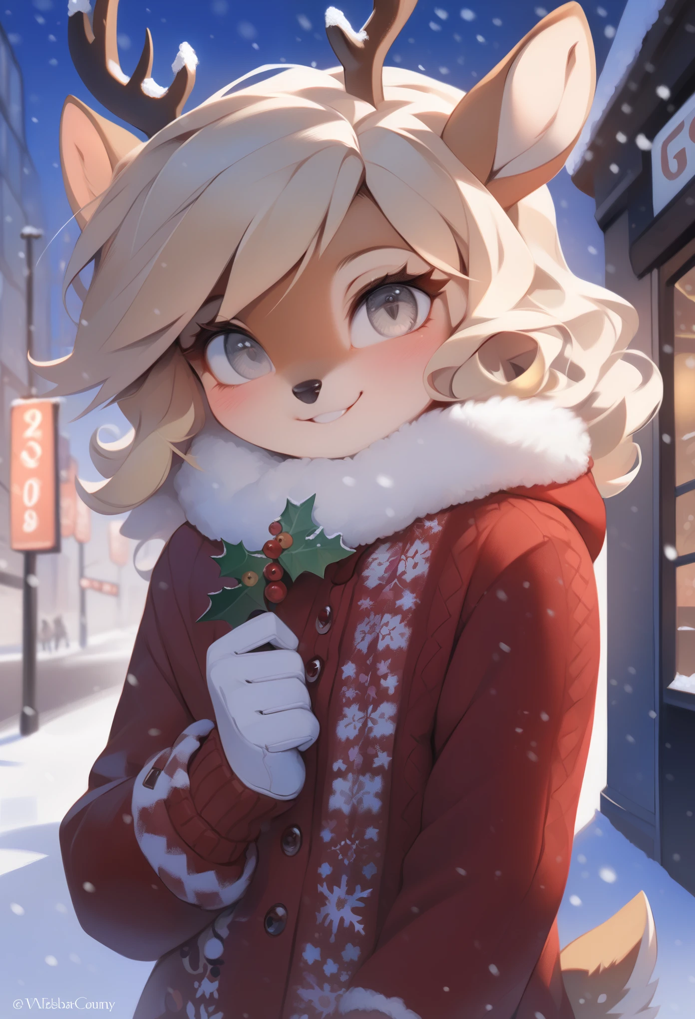 score_9, score_8_up, score_7_up, ((masterpiece, very detailed, fine details, detailed background, HD, intricate details, highlights, detailed shadows), snowing, winter, mobian, 1girl, deer, medium blonde hair, grey eyes, attractive, gorgeous body, medium breast, warm winter clothes, city, smile, cute, Christmas, white gloves