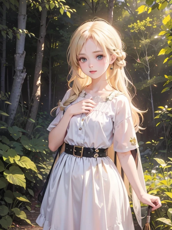 masterpiece, highest quality, Very detailed, 16k, Ultra-high resolution, Cowboy Shot, One 12-year-old girl, Detailed face, Perfect Fingers, Golden Eyes, Blonde, Braid, Girl Scout Clothing, in the forest, Pitching a tent