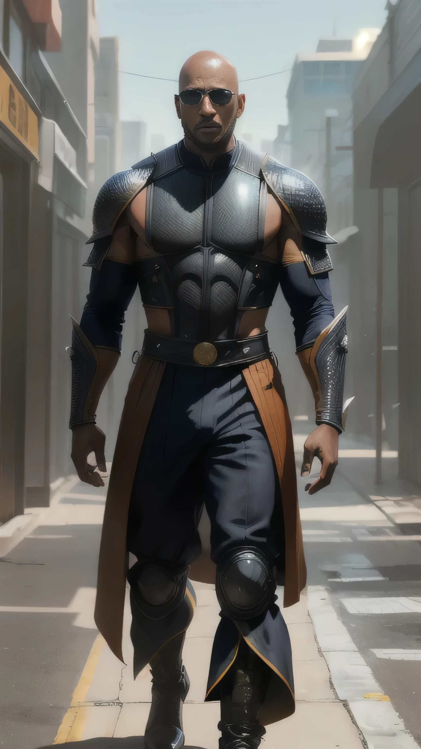 (Mahershala Ali) as Darrius from Mortal Kombat, well-groomed beard, bald head, black techno suit, (orange line patterns:0.8), sunglasses, 1man, solo, full body view, front view, looking at viewer, intricate, high detail, sharp focus, dramatic, photorealistic painting art by greg rutkowski