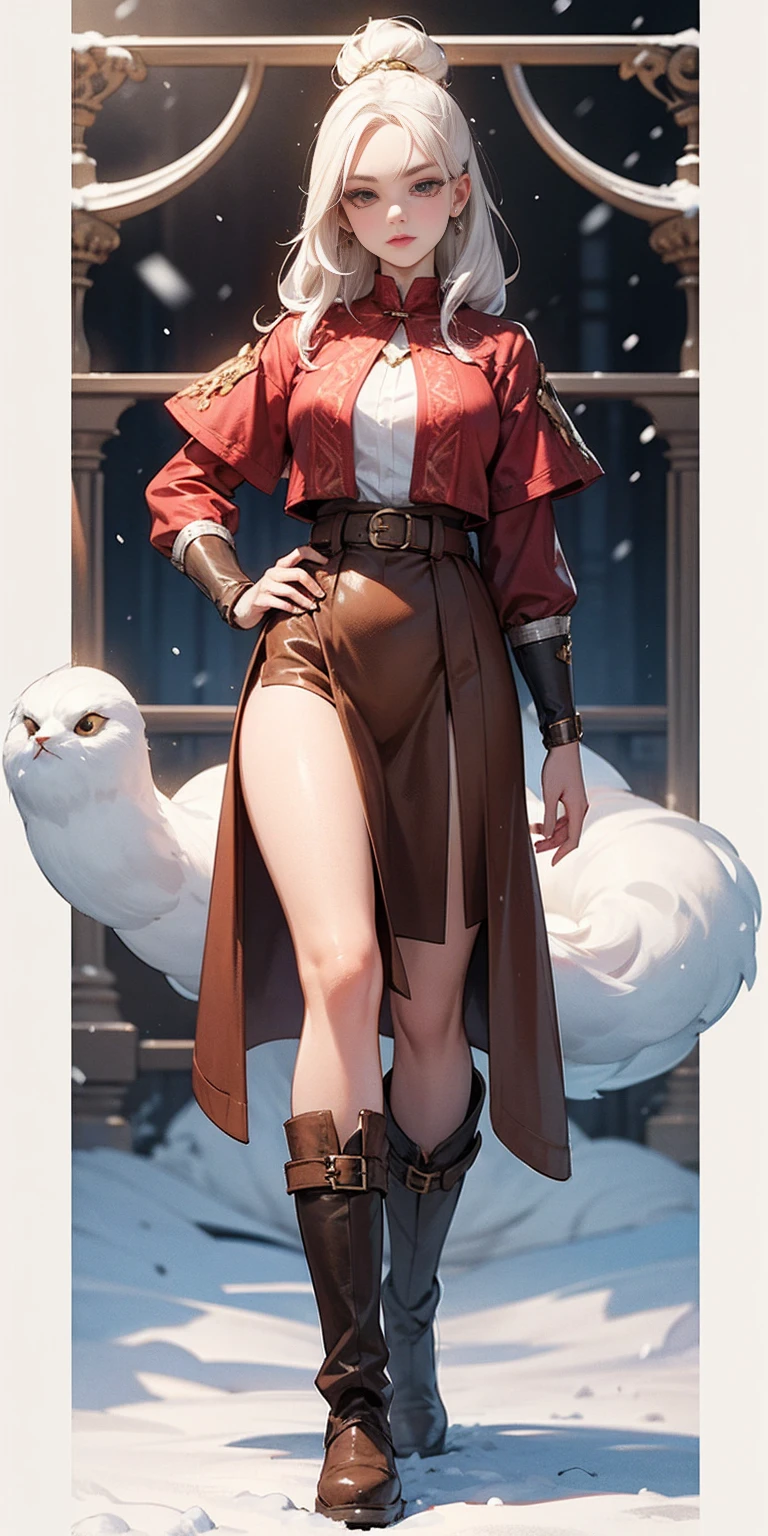 full body standing straight symmetrical, FEMALE warrior princess, big belt around waist, hair, very white skin like snow, wearing full HERBALIST CLOTHES, brown leather boots, HERBALIST outfit, MILF bimbo