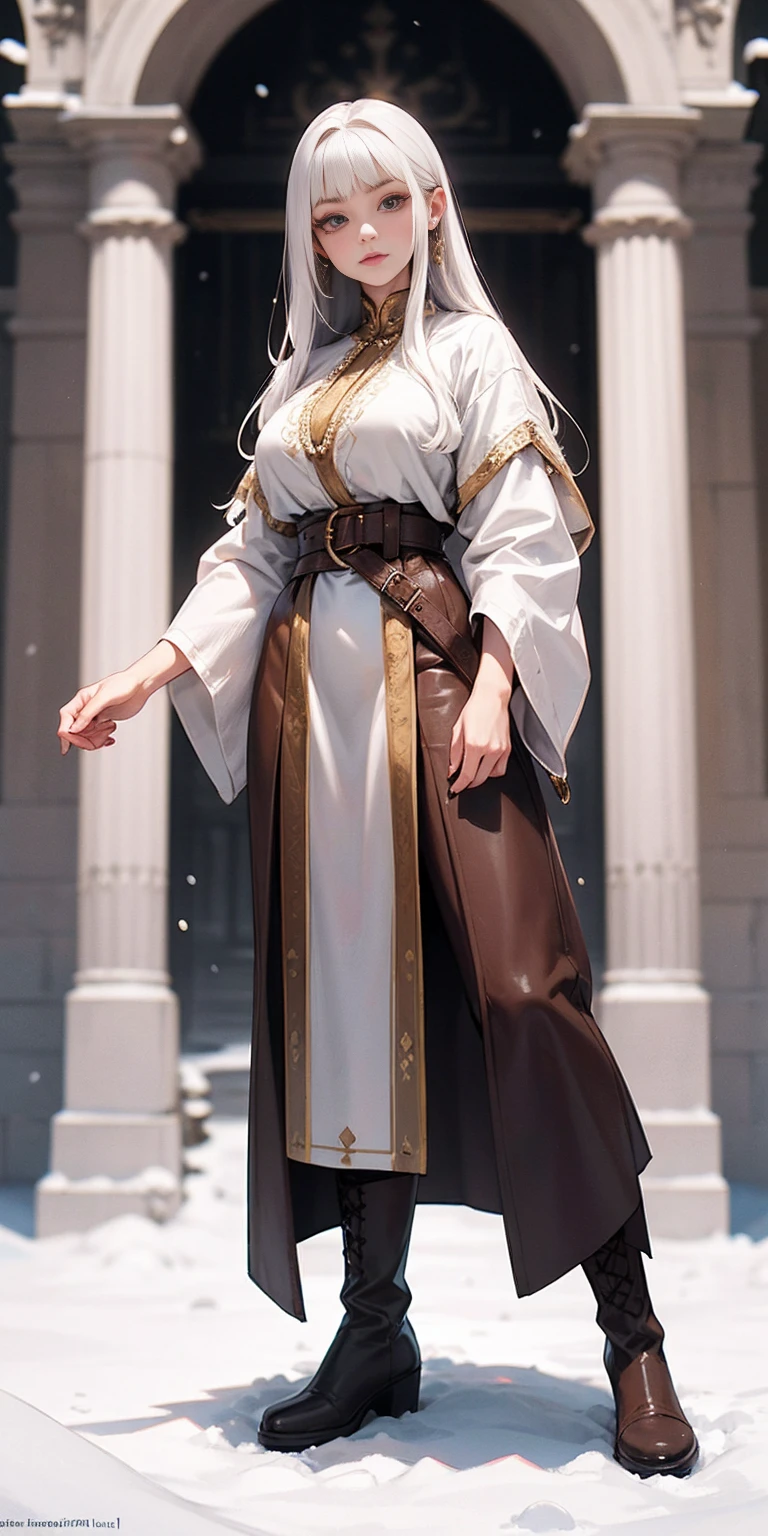 full body standing straight symmetrical, FEMALE warrior princess, big belt around waist, hair, very white skin like snow, wearing full HERBALIST CLOTHES, brown leather boots, HERBALIST outfit, MILF bimbo