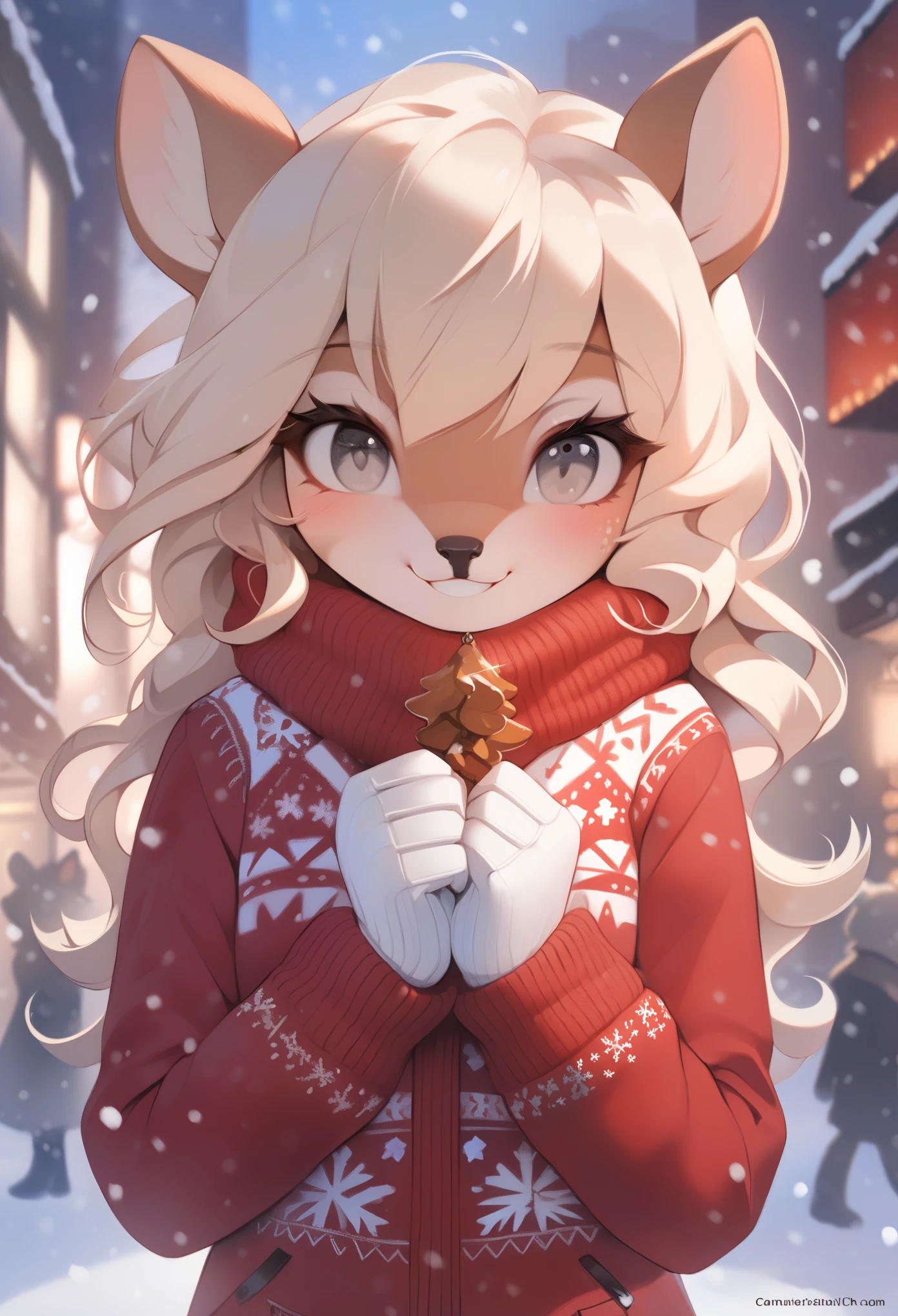 score_9, score_8_up, score_7_up, ((masterpiece, very detailed, fine details, detailed background, HD, intricate details, highlights, detailed shadows), snowing, winter, mobian, 1girl, deer, medium blonde hair, grey eyes, attractive, gorgeous body, medium breast, warm winter clothes, city, smile, cute, Christmas, white gloves